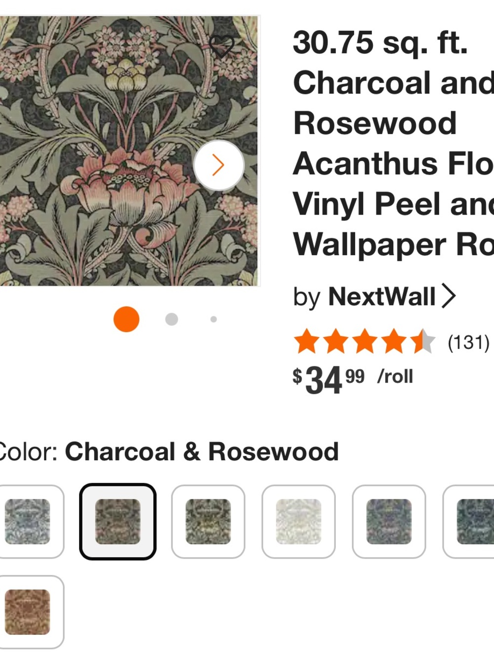 Charcoal & Rosewood Acanthus Floral Peel and Stick Wallpaper